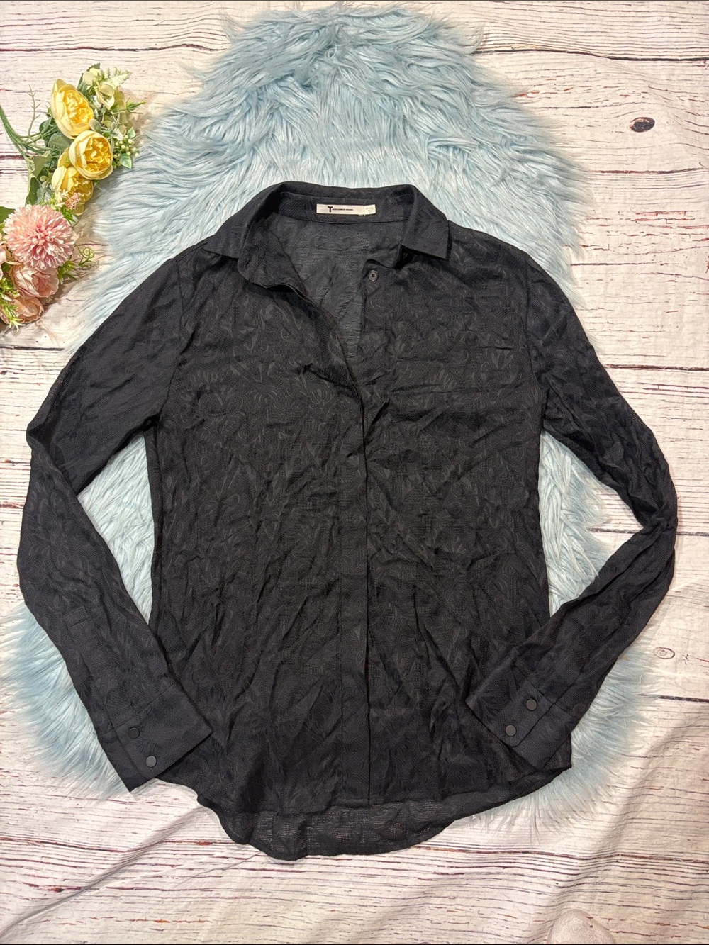 T Alexander Wang Black Baroque Patterned Semi Sheer Button Front Top